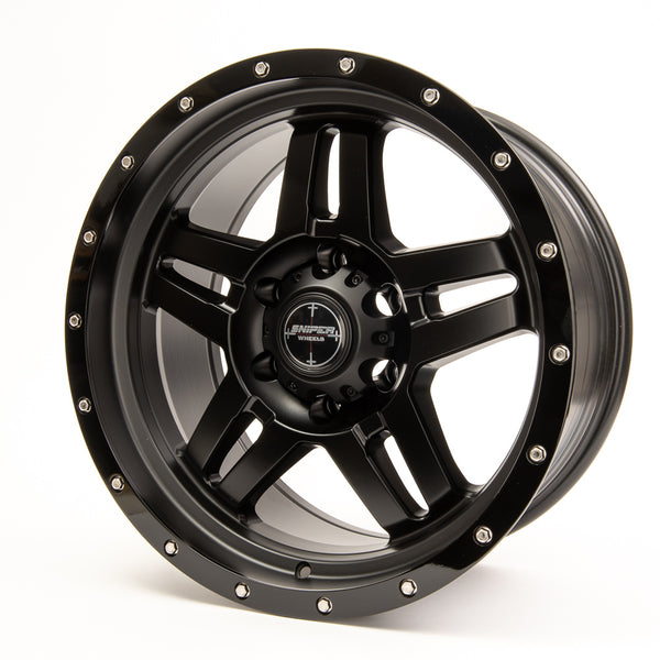 SNIPER WHEELS BARACADE 18 x 9, 6x139.7, +20 Matt Black with Gloss Black Lip set of 4pcs including caps. Flow Formed