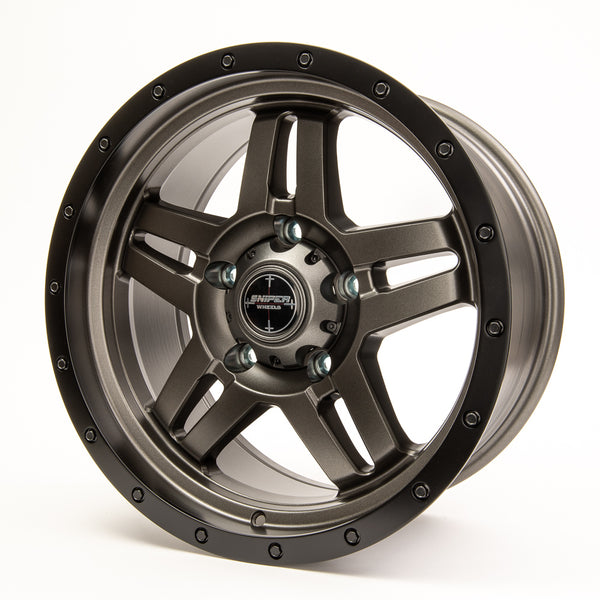 SNIPER WHEELS BARACADE 18 x 9, 6x139.7, +20 Matt Gun Metallic with Black Lip set of 4pcs including caps. Flow Formed