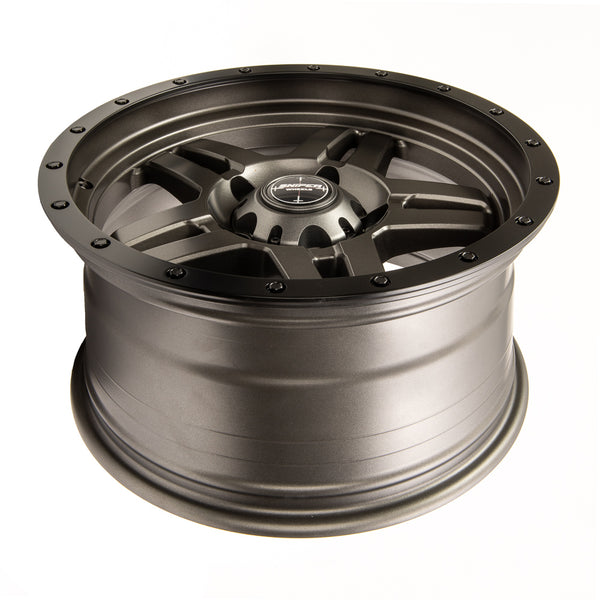SNIPER WHEELS BARACADE 18 x 9, 6x139.7, +20 Matt Gun Metallic with Black Lip set of 4pcs including caps. Flow Formed