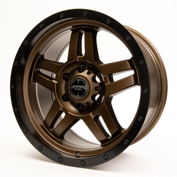 SNIPER WHEELS BARACADE 18 x 9, 6x139.7, +10 Matt Bronze with Black Lip set of 4pcs including caps. Flow Formed