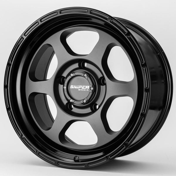 SNIPER WHEELS FRONTLINE 18 x 9, 6x139.7, +10 Matt Gun Metallic with Black Lip set of 4pcs including caps. Load rated 1250kg per wheel.