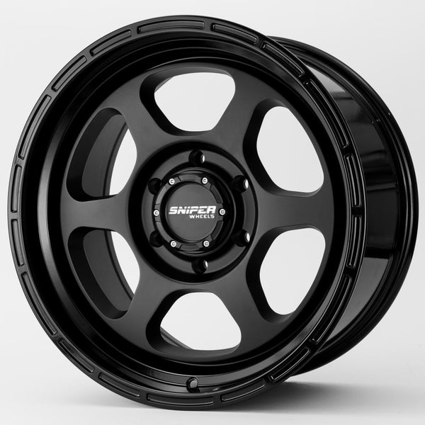 SNIPER WHEELS FRONTLINE 18 x 9, 5x150, +20 Matt Black with Gloss Black Lip set of 4pcs including caps. Load rated 1250kg per wheel.