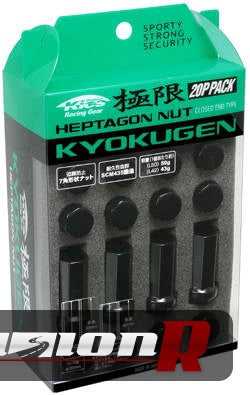 Kyokugen Heptagon closed wheel nuts 43mm Black. Set of 20pcs Steel type. M12 x 1.5