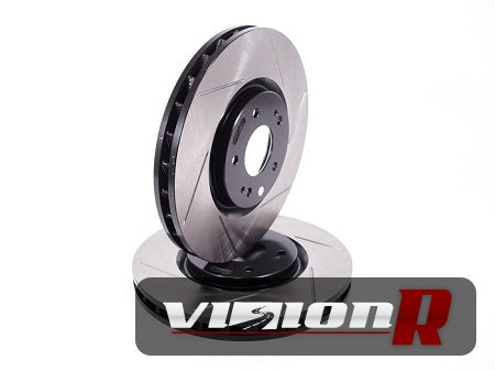 1-piece Front Brake Rotor. Slotted, e-coated, curve vane design. Sold in pairs