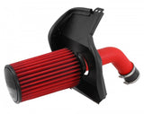 AEM Red cold air intake kit relocates air filter outside engine bay for colder air feed.