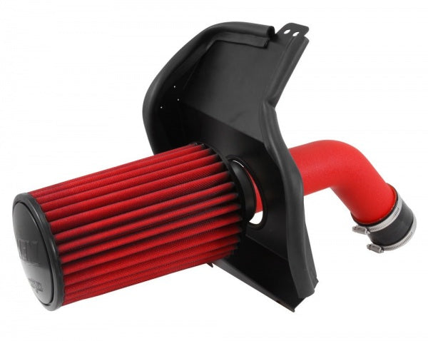 AEM Red cold air intake kit relocates air filter outside engine bay for colder air feed.